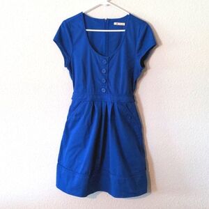 Royal blue cotton belted A-line dress, Large